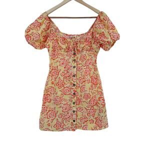 Billabong x Wrangler Dress Sz M Far &‎ Away Linen Mini Floral Puff Sleeve Button